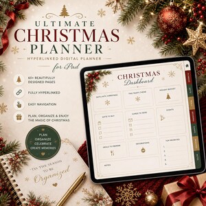 Puede incluir: Un planificador navideño digital en la pantalla de una tableta que muestra un panel con secciones para presupuesto, regalos y eventos. La pantalla incluye texto como 'Christmas Dashboard' y 'Ultimate Christmas Planner for iPad'.