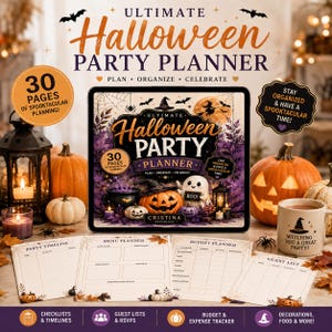 Può includere: Un pianificatore digitale per feste di Halloween su uno schermo di tablet, con una copertina viola e arancione raffigurante un fantasma, una zucca e una strega. Sotto ci sono pagine stampate per cronoprogramma, menu, budget e lista ospiti.