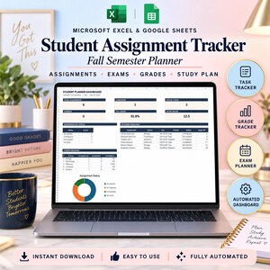 Op de afbeelding: Een laptop met een Microsoft Excel en Google Sheets dashboard voor het bijhouden van studentenopdrachten. Het scherm toont tabellen voor opdrachten, cijfers en studieplannen, met een cirkeldiagram. De tekst luidt Student Assignment Tracker.
