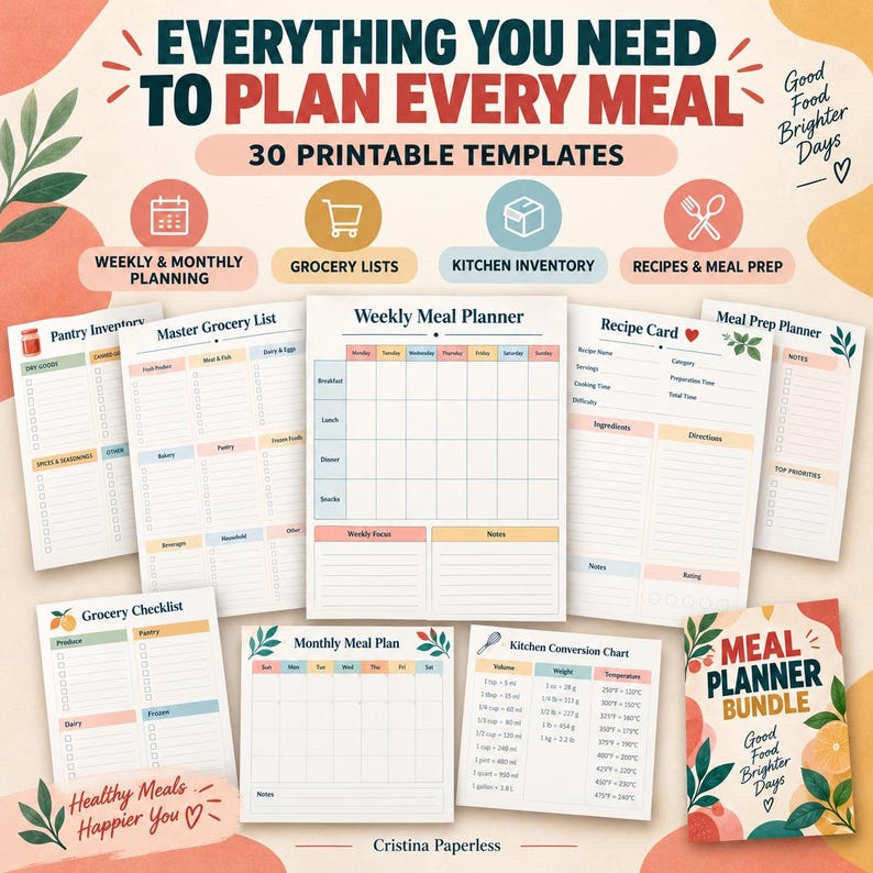 Meal Planner Printable Bundle, Weekly Menu Planner, Grocery List ...