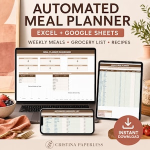 May include: An automated meal planner digital template for Excel and Google Sheets displayed on a laptop, tablet, and smartphone. The screens show a dashboard, a weekly meal planner, and a grocery list with brown and white color schemes.