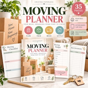 Könnte beinhalten: Ein digitales Umzugsplaner-Set mit 35 Seiten als druckbares PDF und für iPad verlinkt. Es enthält Abschnitte für eine Umzugscheckliste, Budget und Inventarliste, mit dem Text Moving Planner, Plan, Pack, Move, Settle sowie weiteren Beschriftungen.