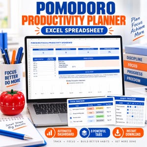 Può includere: Un foglio di calcolo Excel per la pianificazione della produttività Pomodoro visualizzato su uno schermo di un portatile, con dashboard per il monitoraggio di attività e abitudini, un timer rosso a pomodoro e un taccuino.