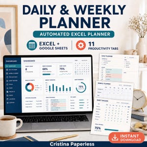 Può includere: Un pianificatore giornaliero e settimanale digitale per Excel e Google Sheets con 11 schede di produttività. Lo schermo mostra una dashboard con elenchi di attività, grafici di progresso e tracker delle abitudini. I fogli stampati mostrano i layout di pianificazione.