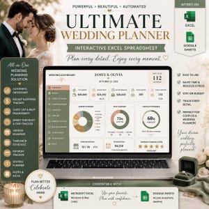 Può includere: Un pianificatore di matrimoni digitale visualizzato su uno schermo di un portatile, con una dashboard interattiva per il monitoraggio di budget, lista degli ospiti e attività. L'interfaccia mostra il testo Ultimate Wedding Planner.