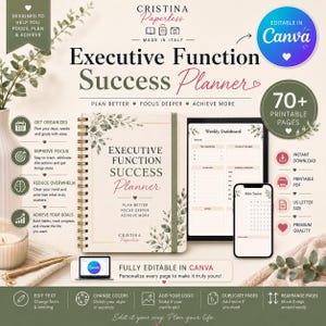 Può includere: Un'agenda Executive Function Success Planner con rilegatura a spirale, copertina color crema con illustrazioni di foglie verdi e il testo 'Executive Function Success Planner'. Include un tablet e uno smartphone che mostrano dashboard settimanali.