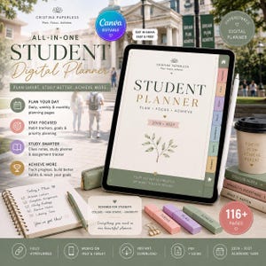 Può includere: Un'agenda digitale per studenti visualizzata su uno schermo di tablet, con una copertina per l'anno accademico 2026-2027 e un'illustrazione di foglie. Include schede con collegamenti ipertestuali, un quaderno fisico abbinato, una penna e blocchi colorati.
