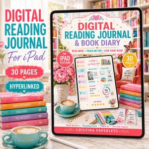 Può includere: Un diario di lettura digitale per iPad con 30 pagine ipertestuali. Lo schermo mostra una dashboard di lettura, una tazza di caffè e dei segnalibri. Il testo include Digital Reading Journal & Book Diary, iPad Edition e 30 Pages.