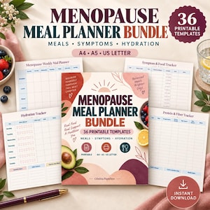 May include: A Menopause Meal Planner Bundle featuring 36 printable templates for meals, symptoms, and hydration. Includes A4, A5, and US Letter sizes. The cover displays the title, illustrations of an avocado and lemon, and the text Cristina Paperless.