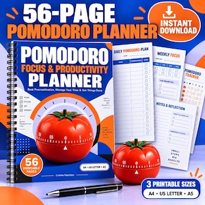 Può includere: Un planner per la produttività Pomodoro da 56 pagine con rilegatura a spirale, con un'illustrazione di un timer a forma di pomodoro rosso sulla copertina. Include pagine stampabili in formato A4, US Letter e A5, una penna nera e un timer rosso.