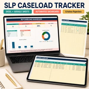 Può includere: Un modello digitale di tracciamento del carico di lavoro SLP per Excel e Google Sheets visualizzato su uno schermo di laptop e tablet. La dashboard include grafici, un diagramma a torta e una tabella di gestione dei casi degli studenti.