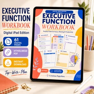 Può includere: Un'edizione digitale per iPad di una cartella di lavoro sulle funzioni esecutive con 61 pagine, PDF con collegamenti ipertestuali e download istantaneo. Lo schermo mostra una lista di controllo, una matrice di priorità e un pianificatore.
