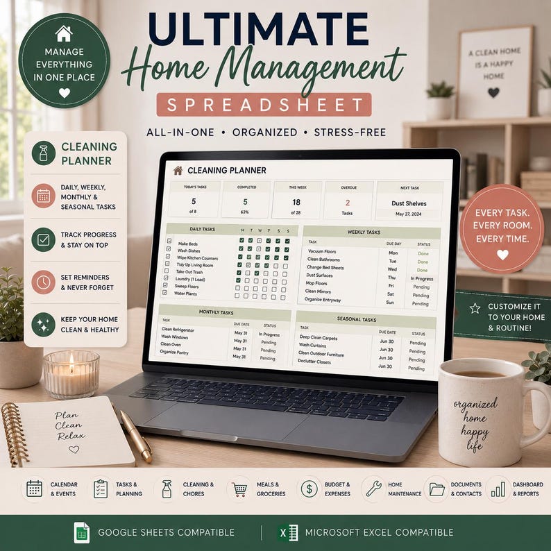Ultimate Home Management Spreadsheet | Home Planner Excel & Google ...