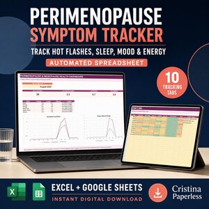 Może przedstawiać: Laptop i tablet wyświetlające zautomatyzowany arkusz kalkulacyjny do śledzenia objawów perimenopauzy. Ekrany pokazują pulpity nawigacyjne zdrowia, dzienniki objawów oraz wykresy danych do monitorowania uderzeń gorąca, snu, nastroju i poziomu energii.