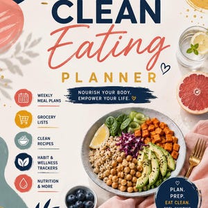 Può includere: Un planner digitale Clean Eating per iPad con una ciotola di quinoa, ceci, avocado e patate dolci. La copertina include il testo: Clean Eating Planner, Nourish Your Body. Empower Your Life, Plan. Prep. Eat Clean. Feel Amazing e icone.
