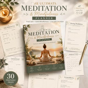 Può includere: Un set di pianificatori digitali per la meditazione e la consapevolezza con una copertina centrale che mostra una persona che medita al tramonto, circondata da pagine stampabili tra cui un registro giornaliero e una penna dorata.