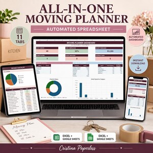 May include: An all-in-one moving planner automated spreadsheet displayed on a laptop, tablet, and smartphone. The screen shows a dashboard with charts, task lists, and budget trackers. The text reads All-in-One Moving Planner, Automated Spreadsheet, 11 Tabs, Automated Dashboard, Instant Download, Moving Checklist, and Budget Tracker.