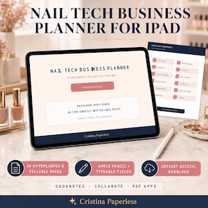 Può includere: Un planner digitale per attività di onicotecnica per iPad visualizzato su uno schermo di tablet con sfondo crema e dettagli blu scuro. Lo schermo mostra testo tra cui Nail Tech Business Planner e 34 pagine compilabili.