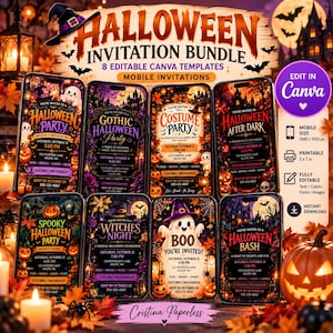 Può includere: Un pacchetto di inviti di Halloween con otto modelli Canva modificabili per dispositivi mobili e stampa. I design presentano temi spettrali con fantasmi, zucche, case infestate e pipistrelli, inclusi testi per dettagli di feste e RSVP.