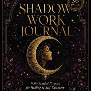 Può includere: Un diario nero e oro intitolato SHADOW WORK JOURNAL con 36 pagine. La copertina presenta il profilo di una persona all'interno di una mezzaluna, circondata da stelle e fogliame. Il testo include 700+ Guided Prompts for Healing & Self-Discovery, CRISTINA PAPERLESS e 3 SIZES: US LETTER, A4, A5.