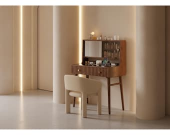Dressing Table with Power Outlet, Makeup Vanity Desk with Mirror, Wooden Vanity Table with Drawers, Jewelry Storage Cabinet, Vanity Stool