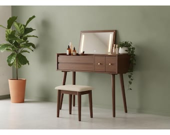 Dressing Table with Mirror and Lights, Solid Wood Vanity Table, Makeup Vanity Desk with 4 Drawers, 3 Color LED Vanity Mirror, Space Saving