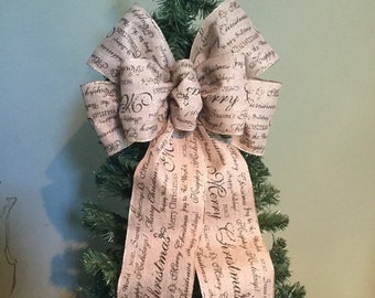 Large 12" wide Antique Christmas Script Burlap Linen Bow for tree topper wedding wreaths gifts decoration
