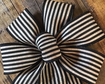 Black & Burlap Cabana striped ribbon  9" wide bow  for lantern wreath decoration wedding pew decoration  tree topper
