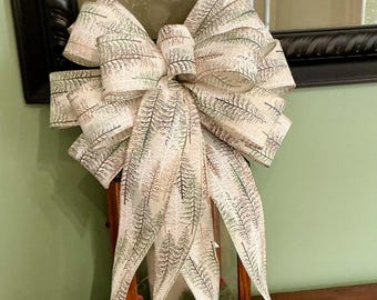 Trees in subtle green & gold colors cover this Bow 12” wide with 4 streamers Tree Topper Bow Lantern Post Mantle Very Elegent Classic