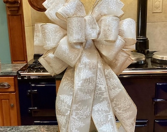 Shimmering Ivory Linen 12” wide Subtle Pale Colors of Trees & Deer Pattern Christmas lantern wreath decoration tree topper