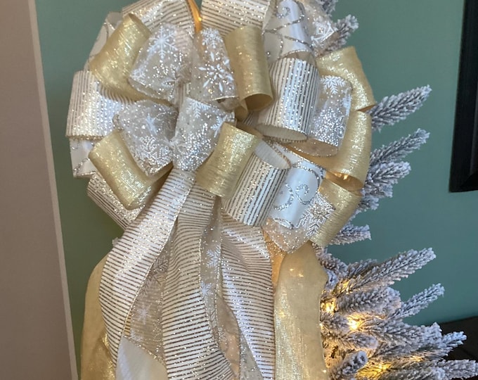 Four Spectacular Ribbons Make This 13” Wide Tree Topper Bow With 14 ...