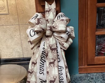 Woodland Stag Deer Ribbon layered with Burlap Merry Christmas  Ribbon 11” wide tree topper lantern wreath bow decoration gifts