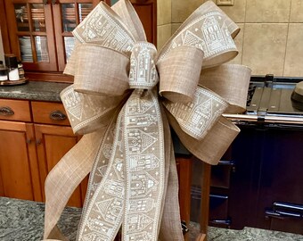 Gingerbread Houses ribbon layered with burlap linen Ribbon 12” wide 8 streamers Tree Topper Bow lantern wreath bow decoration mantel