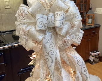 Three Shimmering Pale Ribbons in this 13-14” wide Exquisite Christmas Tree Topper Bow lantern wreath mantle decoration