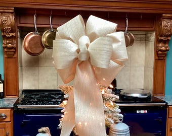 Christmas Champagne Gold Sparkling bow 14” wide for Tree Topper large wreaths lantern posts decor 36 Inches long.