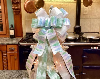 Beautiful Blue & Green Tree Topper Bow 12” wide 8 streamers decor wreaths lanterns stairways mantels