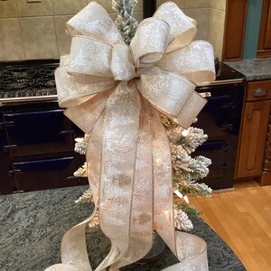 Shimmering Ivory Linen 12” wide Subtle Pale Winter Colors of Trees & Deer Pattern lantern wreath decoration tree topper