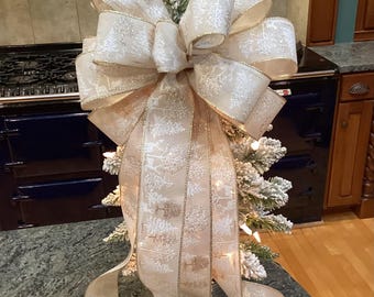 Shimmering Ivory Linen 12” wide Subtle Pale Winter Colors of Trees & Deer Pattern lantern wreath decoration tree topper