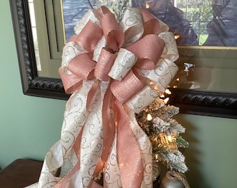 Lovely rose gold pink ribbon layered with sparkling swirls of silver & champagne Ribbon 13” wide 10 streamers tree topper wreath lantern bow