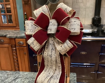 Burgundy Velvet layered with antique French Script Ribbon 12" wide 4 tails tree topper wreath bow lantern