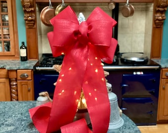 Christmas Red Sparkling bow 15”  wide for Tree Topper large wreaths lantern posts decor 36 Inches long.