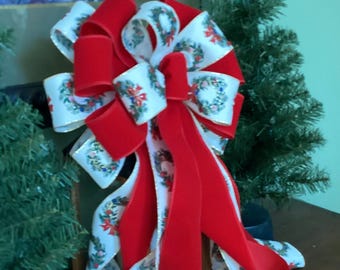 Red Velvet  & Wreath ribbon 12” wide bow 8 streamers for lantern wreath decoration tree topper lantern