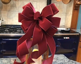 Burgundy Red Velvet Bow 11” wide 4 Streamers bow    for lantern wreath decoration wedding tree topper