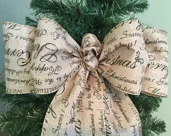 Designer Sparkling Script Burlap Linen holiday Christmas 12" wide Bow tree topper wedding wreaths gifts decoration mantle