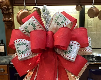 Letters to Santa Ribbon layered with Christmas Red Ribbon Bow 12” wide bow 8 streamers for lantern wreath decoration tree topper bow