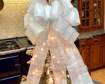 Pure White Sparkling Shimmering 12” wide Bow Celebration of Life Funerals Christmas lantern wreath decoration Wedding pew tree topper bow