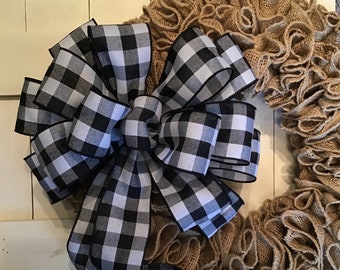 Black & White Farmhouse Buffalo Plaid 12” bow tree topper lg wreath lantern decoration