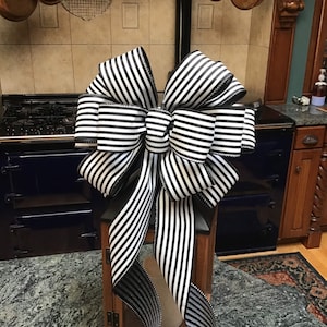 NEW Now with 4 streamers Black & WHITE cabana stripe  11” wide  Tree Topper Bow or large wreath lanterns wedding decoration