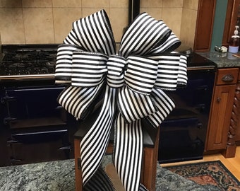 NEW Now with 4 streamers Black & WHITE cabana stripe  11” wide  Tree Topper Bow or large wreath lanterns wedding decoration