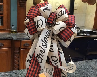 Rustic Farmhouse Red  Buffalo Check Plaid  lantern ~Tree Topper Bow Merry Christmas Burlap ribbon